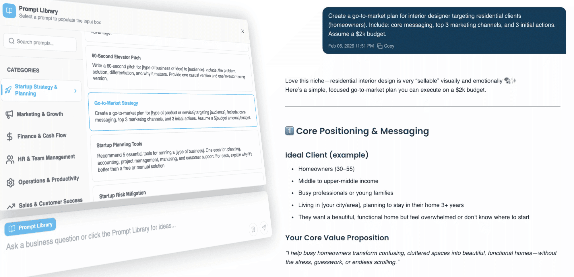 BizClearAI dashboard showing AI-generated business consulting prompts and structured answers for small business owners and entrepreneurs