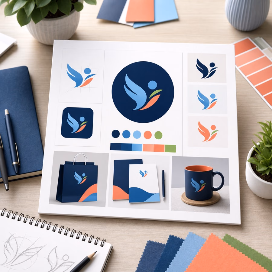 AI logo creation sample showing a small business brand identity concept with color palette and brand mark ideas